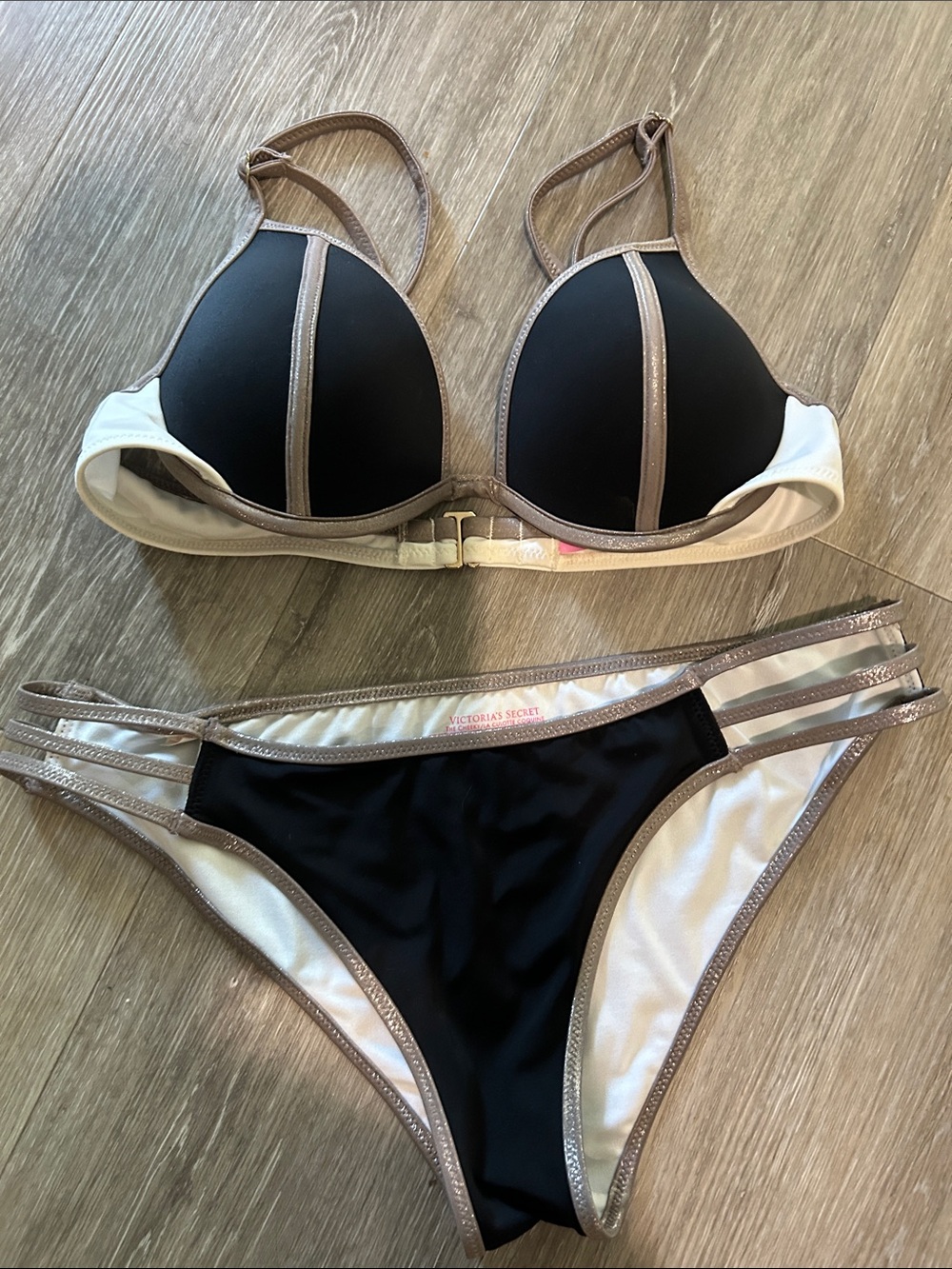 Victoria's Secret Black, White & Metallic Strappy Bikini Set